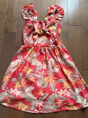 Guess Coral Tropical Floral Sundress with Yellow and Gray Accents